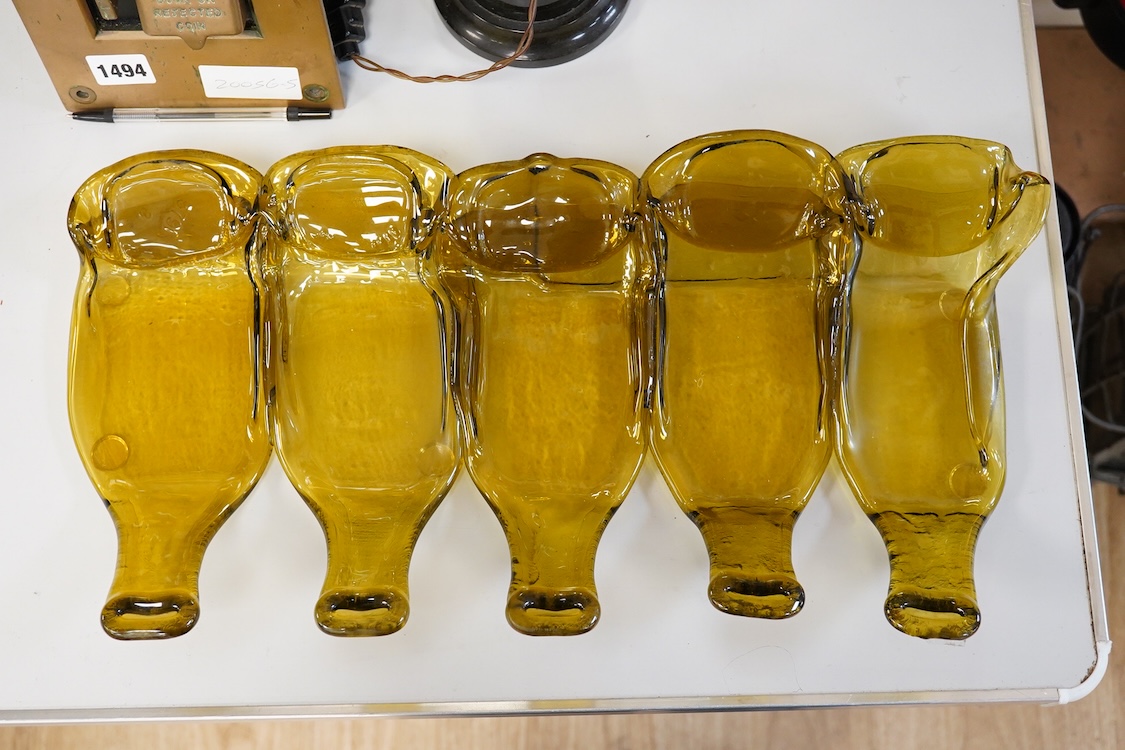 A Mary Canny five sectioned art glass ‘Amber bottle tray, 48cm wide x 24cm deep